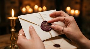 Hands admiring a freshly pressed wax seal by candlelight