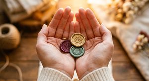 Hands gently holding three perfect wax seals in warm golden light