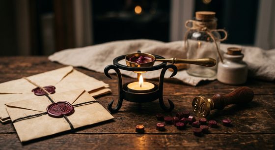 Module 2: Atmospheric candlelit wax melting workspace at night