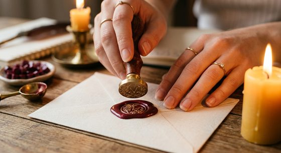 Module 4: Feminine hands pressing brass stamp into burgundy melted wax