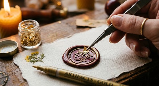 Module 6: Tweezers placing gold leaf onto a burgundy wax seal
