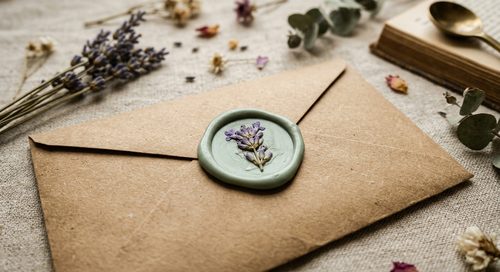Sage green wax seal with pressed lavender on kraft envelope