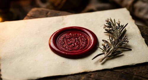 Classic deep crimson wax seal with heraldic crest on parchment