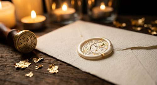 Pearl white wax seal with gold leaf flakes in candlelight